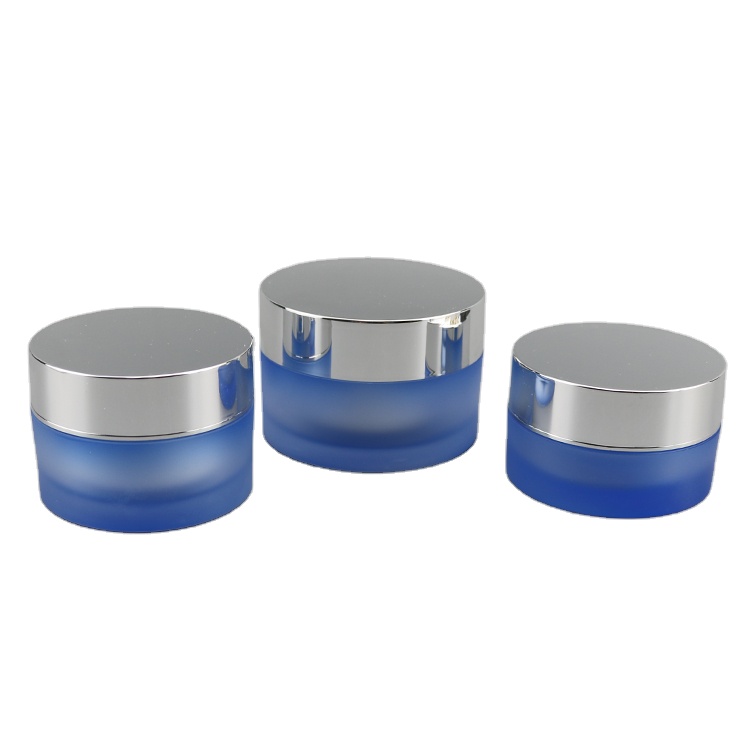 Frosted Gradient Blue Cosmetic Jar 5g 10g 15g 30g With Metallic Silver Lid