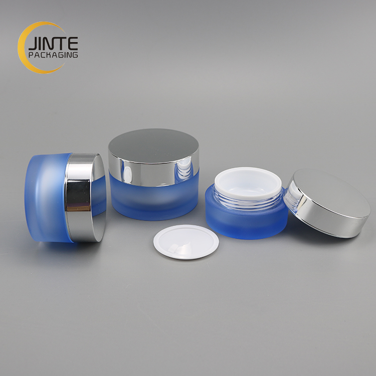 Frosted Gradient Blue Cosmetic Jar 5g 10g 15g 30g With Metallic Silver Lid