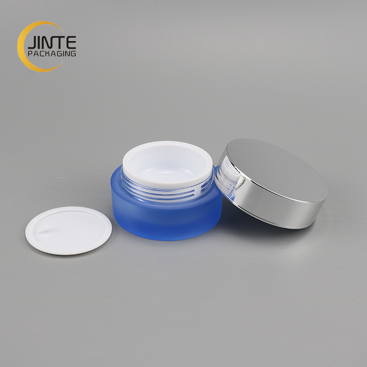 Frosted Gradient Blue Cosmetic Jar 5g 10g 15g 30g With Metallic Silver Lid