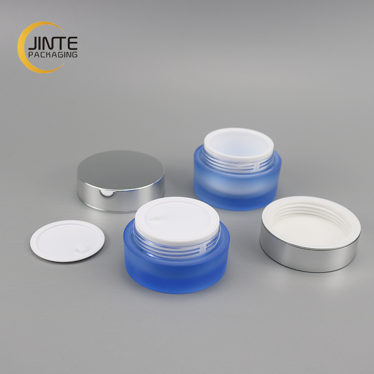 Frosted Gradient Blue Cosmetic Jar 5g 10g 15g 30g With Metallic Silver Lid