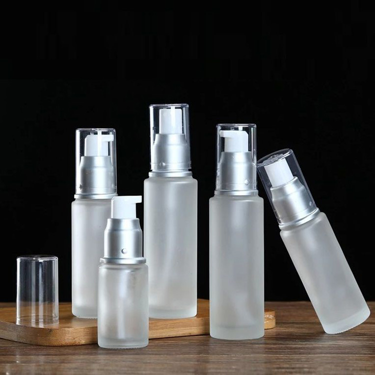 Frosted Lotion Spray Bottle Glass Cosmetic Bottle With Pump Cap