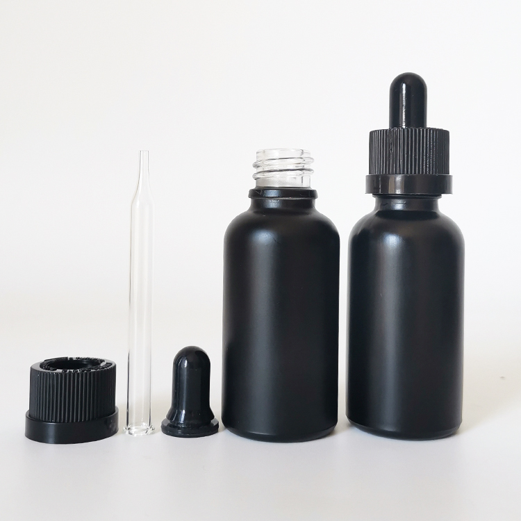 Frosted Matte black 30ml 1oz tincture bottles glass dropper serum bottle with childproof cap
