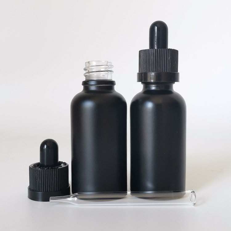 Frosted Matte black 30ml 1oz tincture bottles glass dropper serum bottle with childproof cap