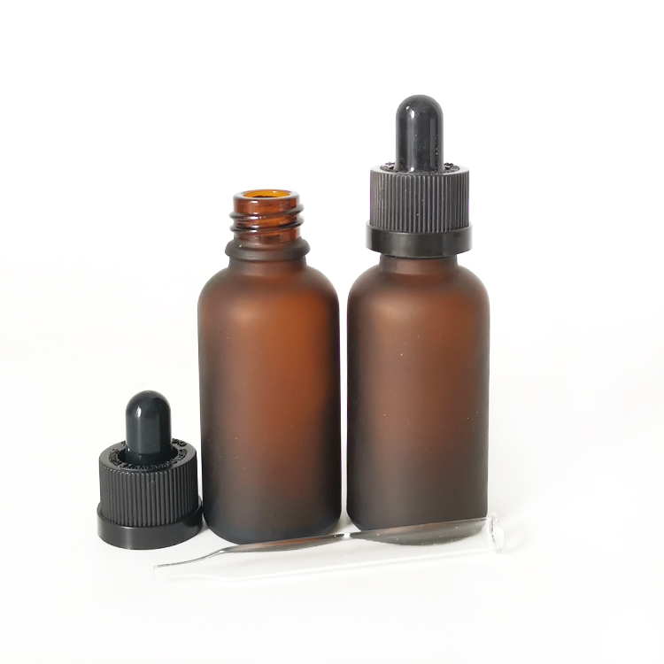 Frosted amber glass cosmetic serum glass bottle with black dropper 30ml