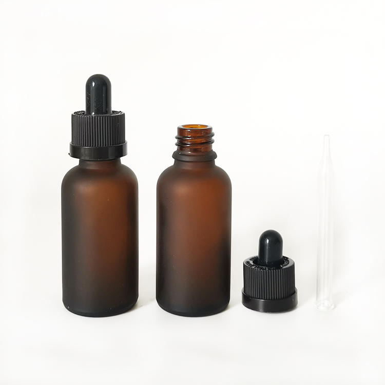 Frosted amber glass cosmetic serum glass bottle with black dropper 30ml
