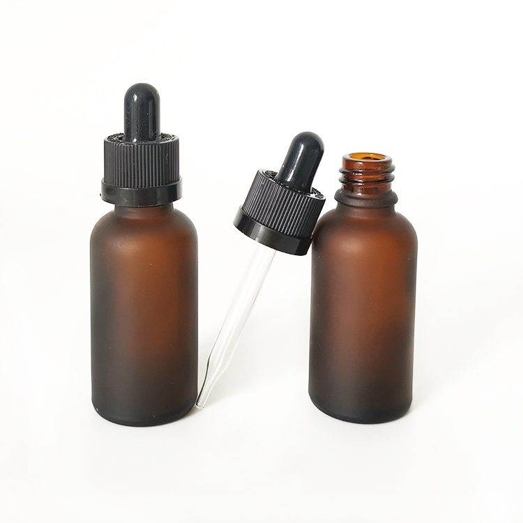 Frosted amber glass cosmetic serum glass bottle with black dropper 30ml