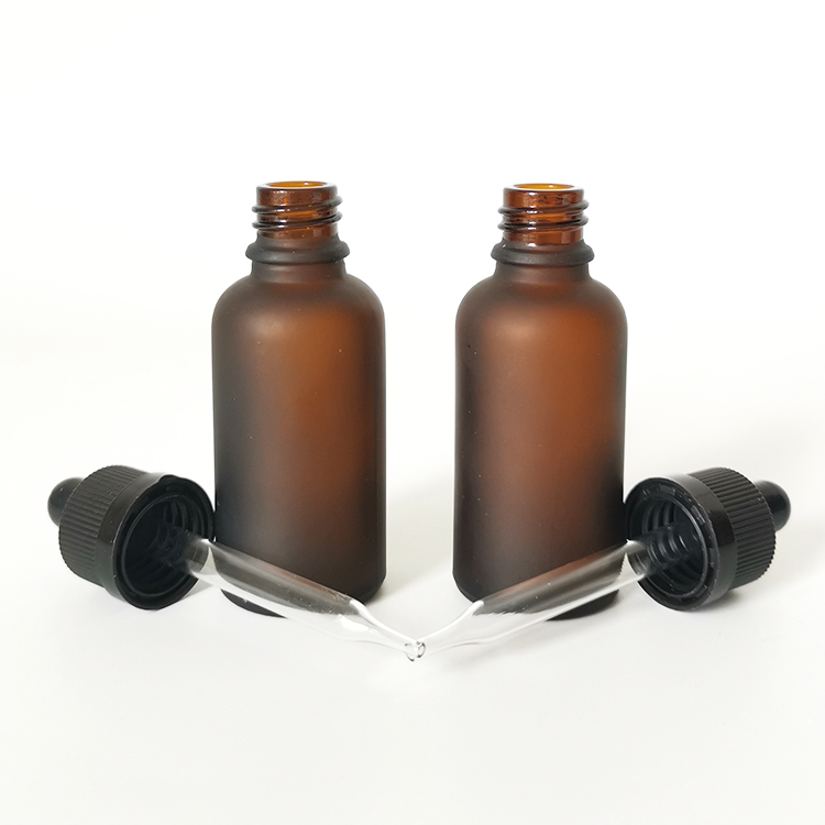 Frosted amber glass cosmetic serum glass bottle with black dropper 30ml