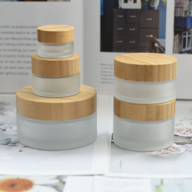 Frosted amber glass jar with liner and bamboo lid-50g-for cosmetics