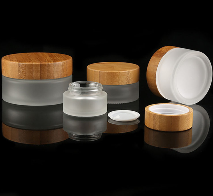 Frosted bamboo glass cosmetic container glass bottle with bamboo lid