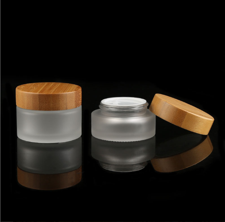 Frosted bamboo glass cosmetic container glass bottle with bamboo lid