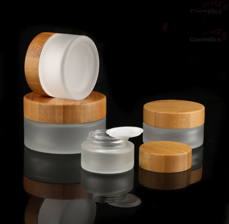 Frosted bamboo glass cosmetic container glass bottle with bamboo lid
