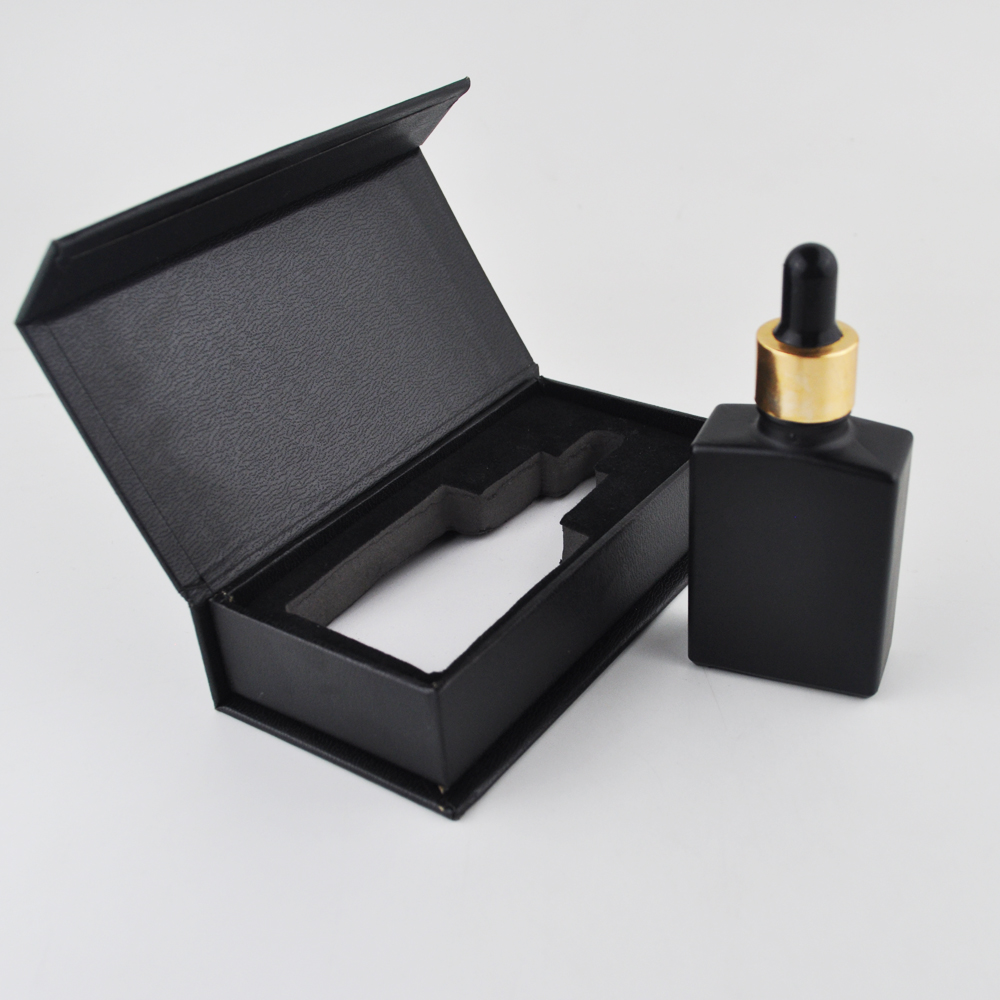 Frosted black 30ml square essential oil bottle cosmetic dropper bottle with box
