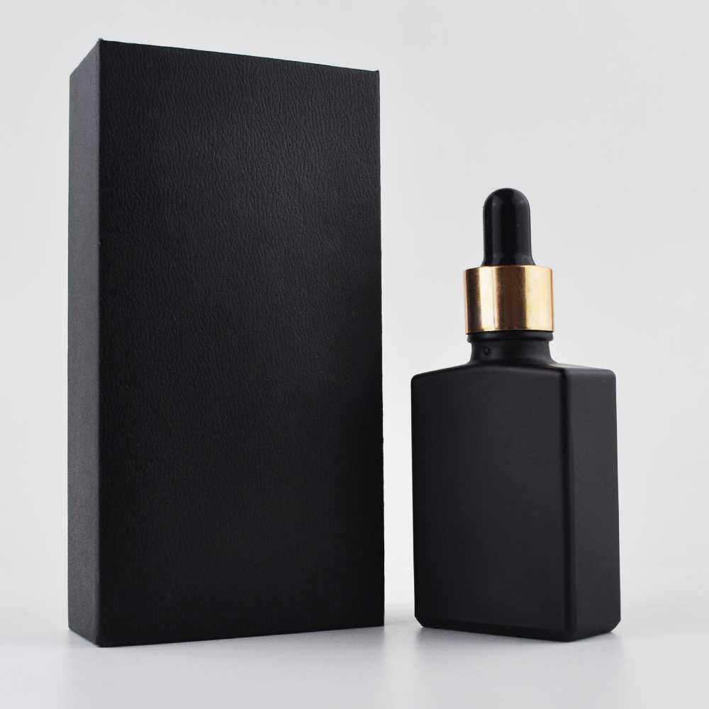 Frosted black 30ml square essential oil bottle cosmetic dropper bottle with box