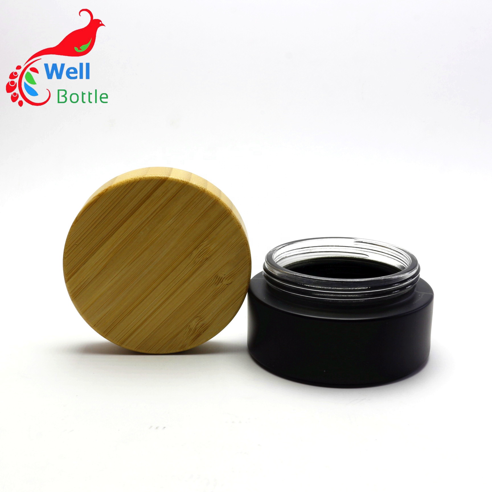 Frosted black Glass Cream Jars glass jar with bamboo lid BJ-143R