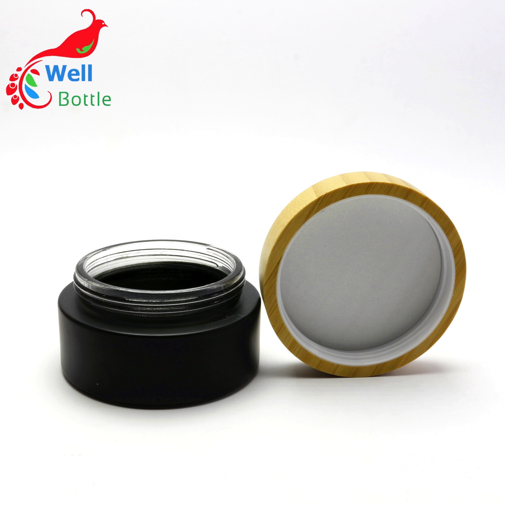Frosted black Glass Cream Jars glass jar with bamboo lid BJ-143R
