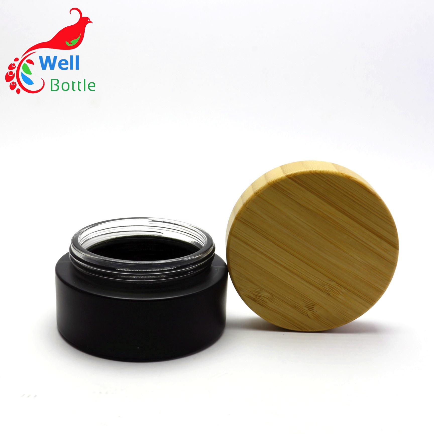 Frosted black Glass Cream Jars glass jar with bamboo lid BJ-143R