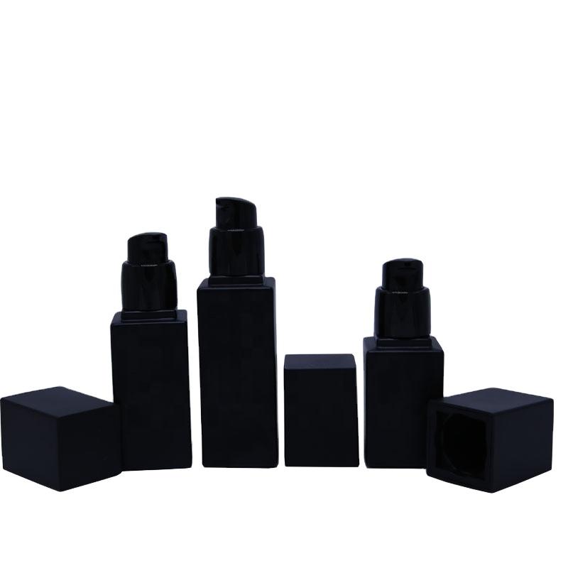 Frosted black glass bottle with pump for cosmetic