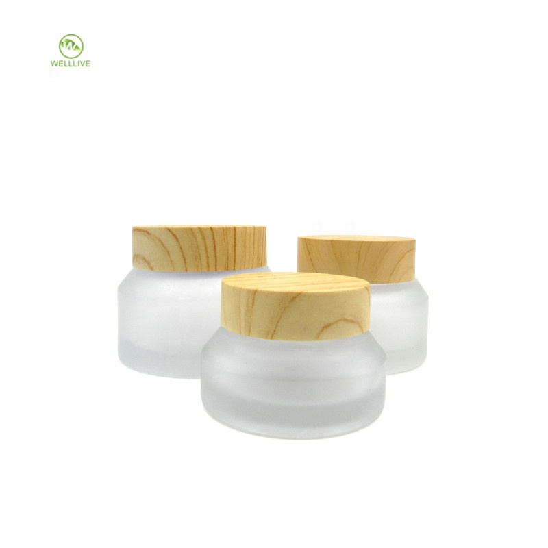Frosted clear color 15g 30g 50g oblique shoulder glass cream jar with wood grain cap for personal care