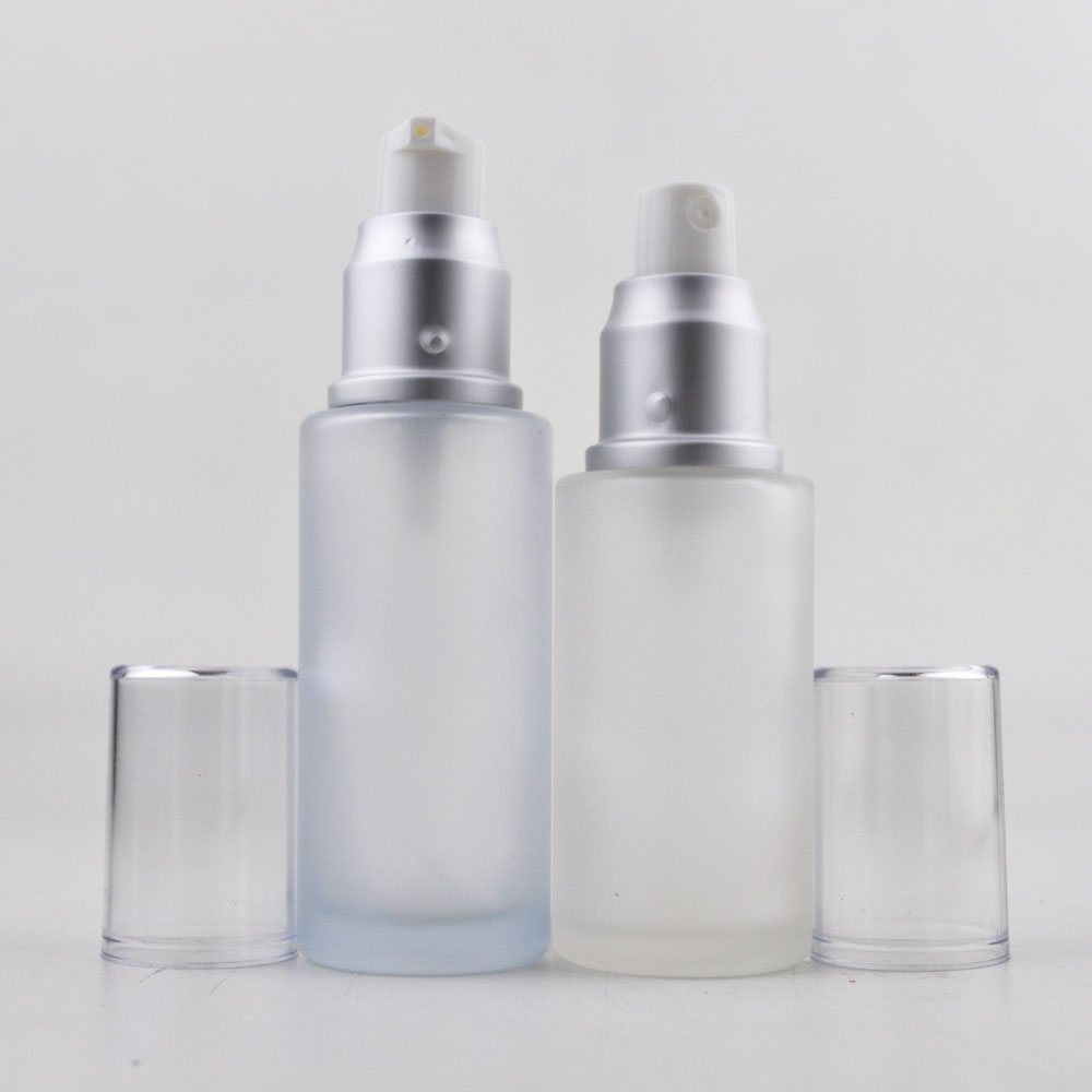 Frosted clear flat shoulder serum 100 ml 120ml 150ml glass lotion pump and spray bottles 50ml 120ml for skincare