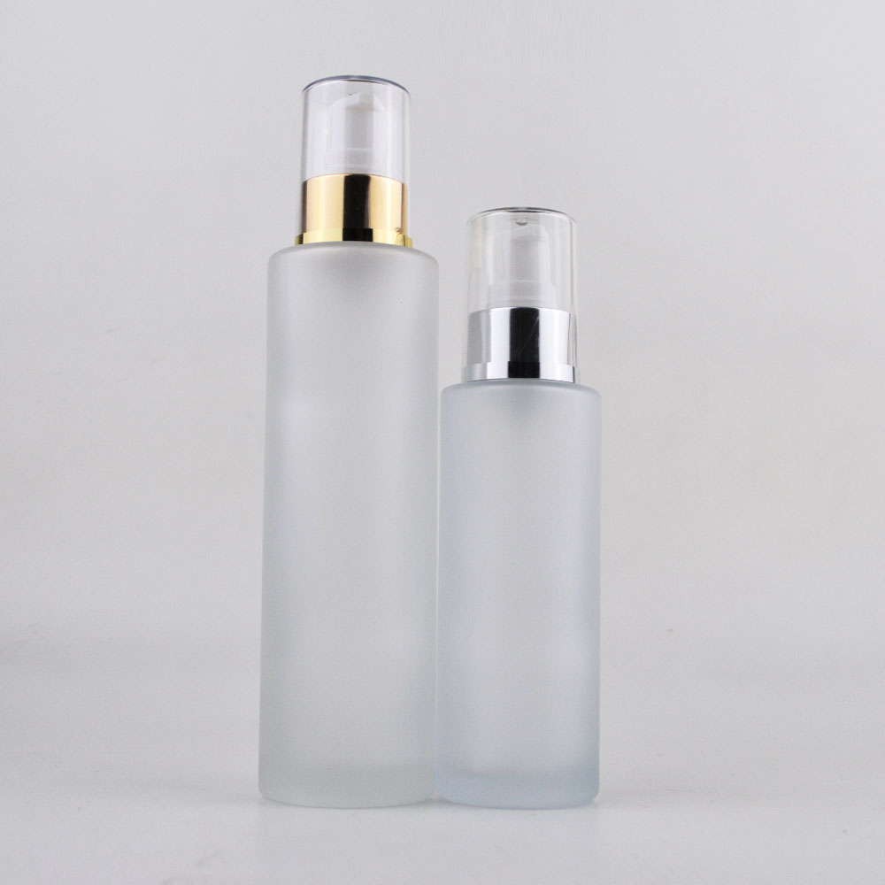 Frosted clear flat shoulder serum 100 ml 120ml 150ml glass lotion pump and spray bottles 50ml 120ml for skincare