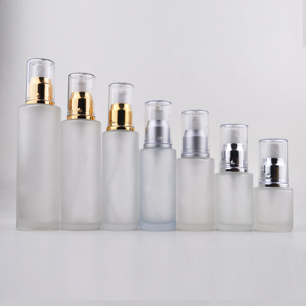 Frosted clear flat shoulder serum 100 ml 120ml 150ml glass lotion pump and spray bottles 50ml 120ml for skincare
