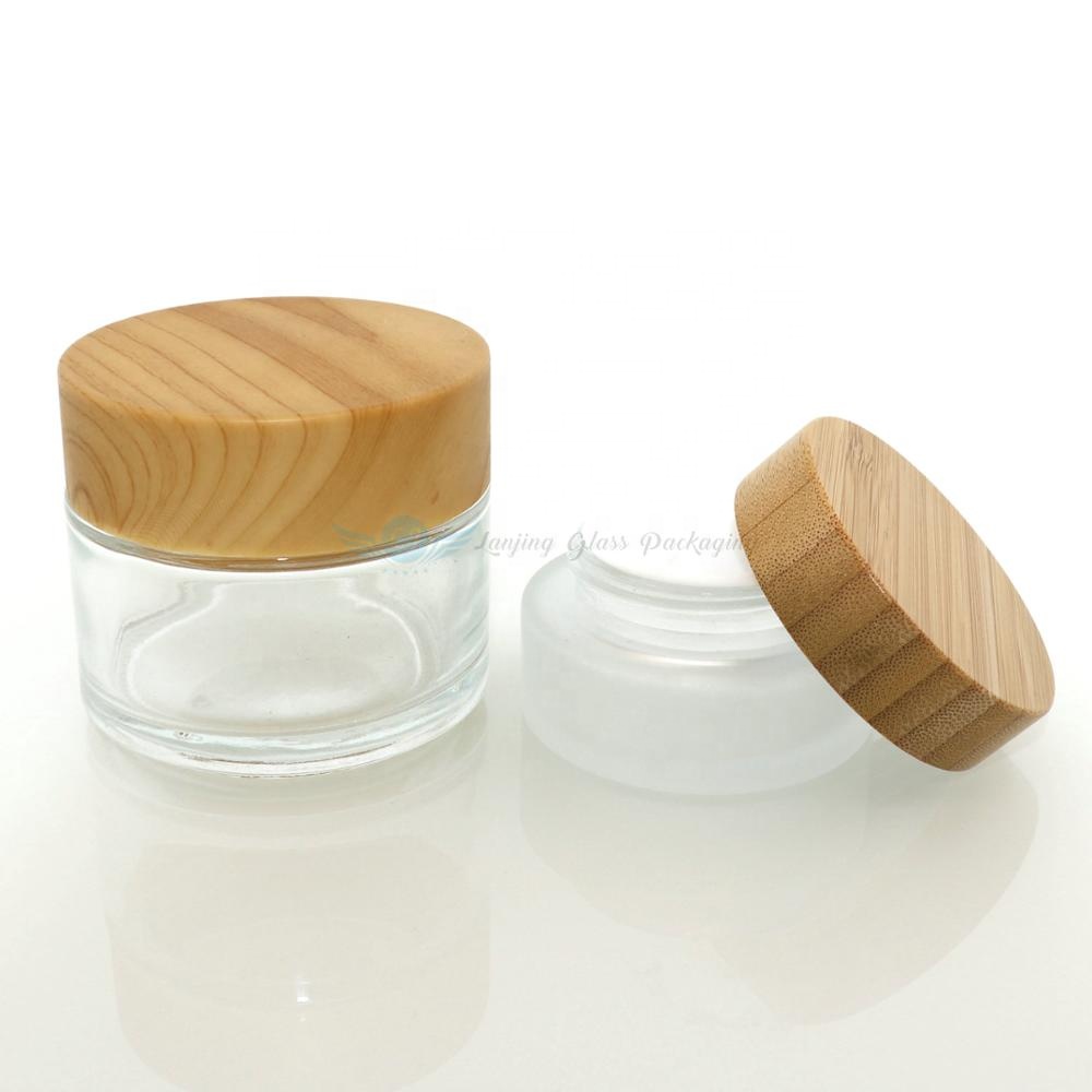 Frosted cosmetic bamboo cosmetic jars container bamboo jar with lids 100ml clear glass jar with bamboo lid