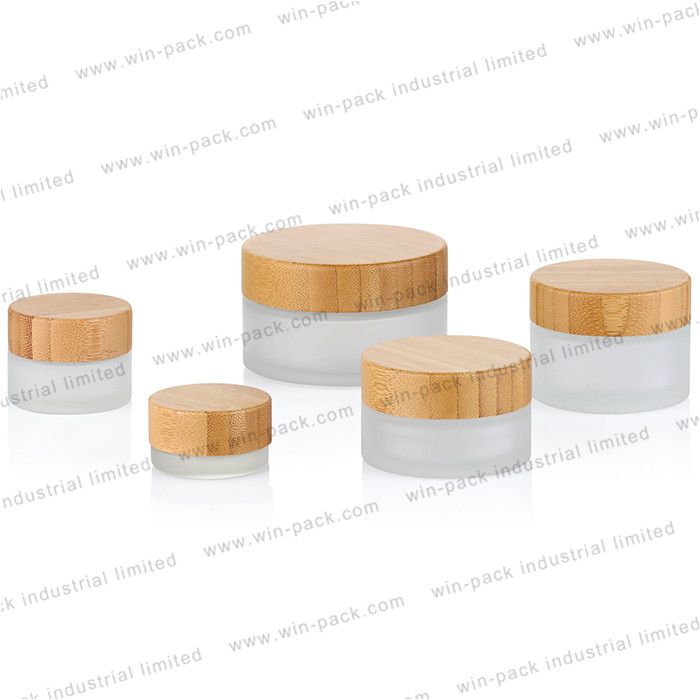 Frosted empty glass cosmetic skincare cream jar with bamboo lid 10g 15g 30g 50g 100g