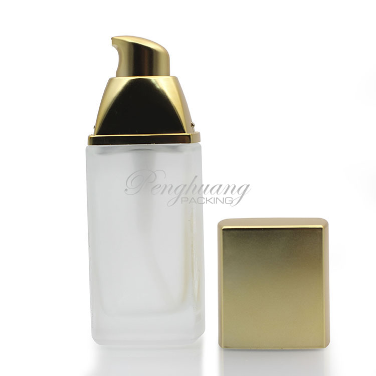 Frosted foundation glass bottle/ 30ml cosmetic liquid foundation bottle with gold pump