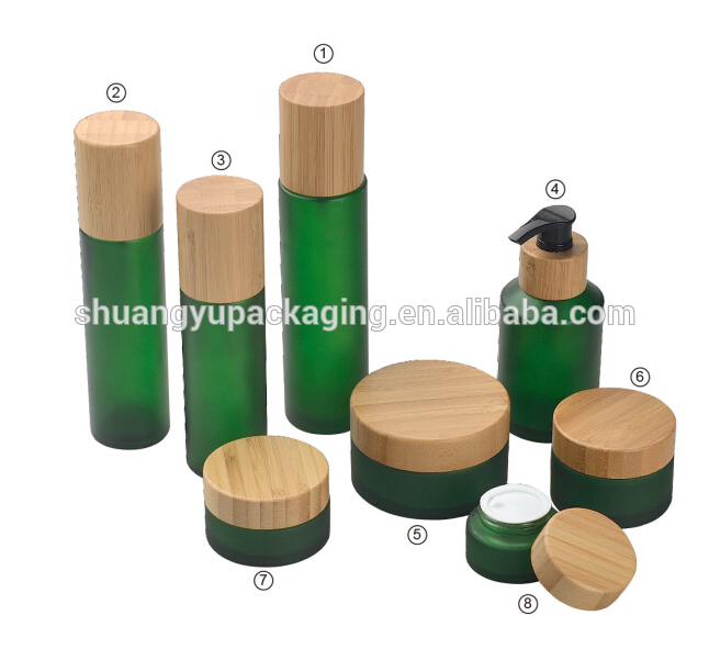 Frosted glass bottle  cream jar with bamboo lid