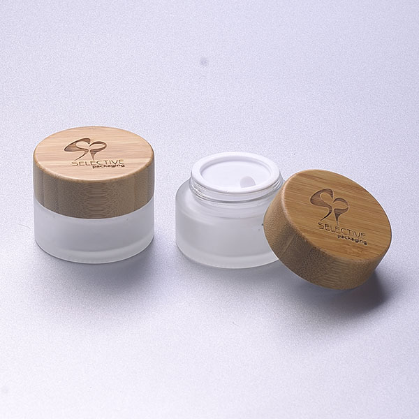 Frosted glass bottle cream jar with bamboo lid