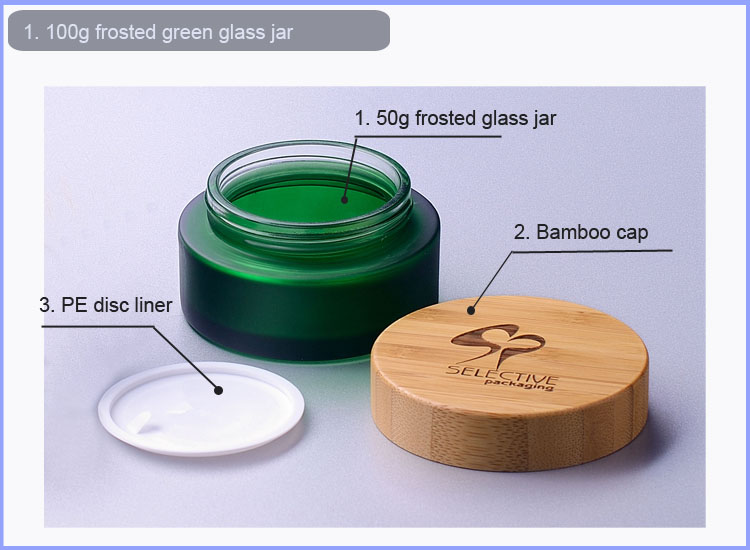 Frosted glass bottle cream jar with bamboo lid