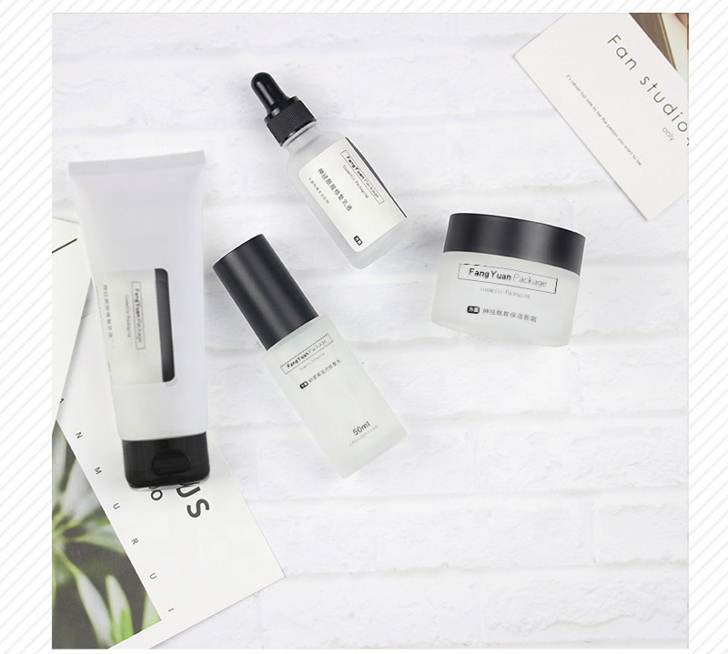 Frosted glass cosmetic package set 30g 50g cream jar 100g plastic cleanser soft tube with best quality