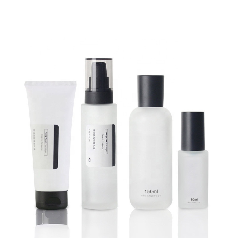 Frosted glass cosmetic package set 30g 50g cream jar 100g plastic cleanser soft tube with best quality