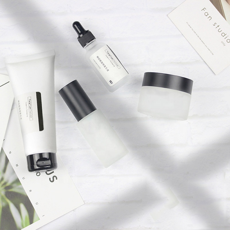 Frosted glass cosmetic package set 30g 50g cream jar 100g plastic cleanser soft tube with best quality