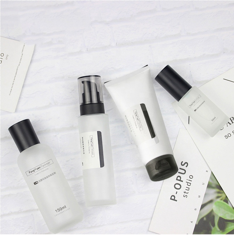 Frosted glass cosmetic package set 30g 50g cream jar 100g plastic cleanser soft tube with best quality