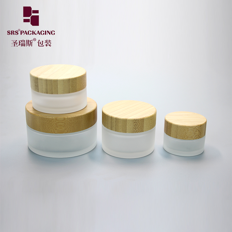 Frosted glass cream jar 30g 50g 100g high end eye and facial cream container with bamboo lid