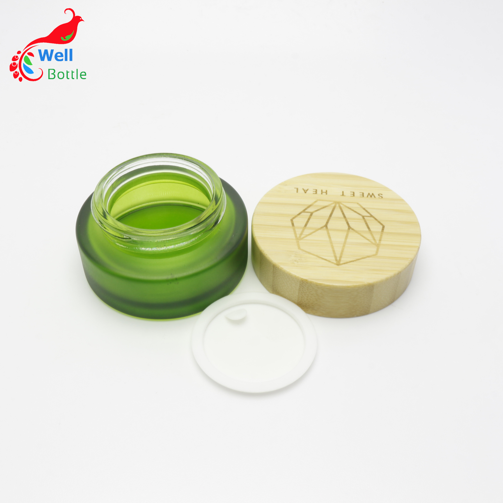 Frosted green glass bottle cream jar 15g gel container with bamboo lid J086E