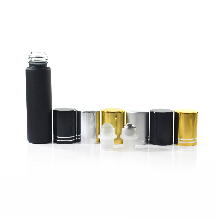 Frosted matte black 4ml 6ml 8ml 10ml perfume essential oil glass roll on bottle with aluminum cap and steel roller ball