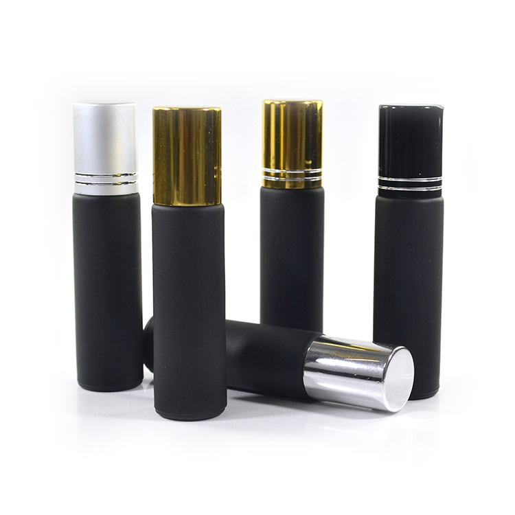 Frosted matte black 4ml 6ml 8ml 10ml perfume essential oil glass roll on bottle with aluminum cap and steel roller ball