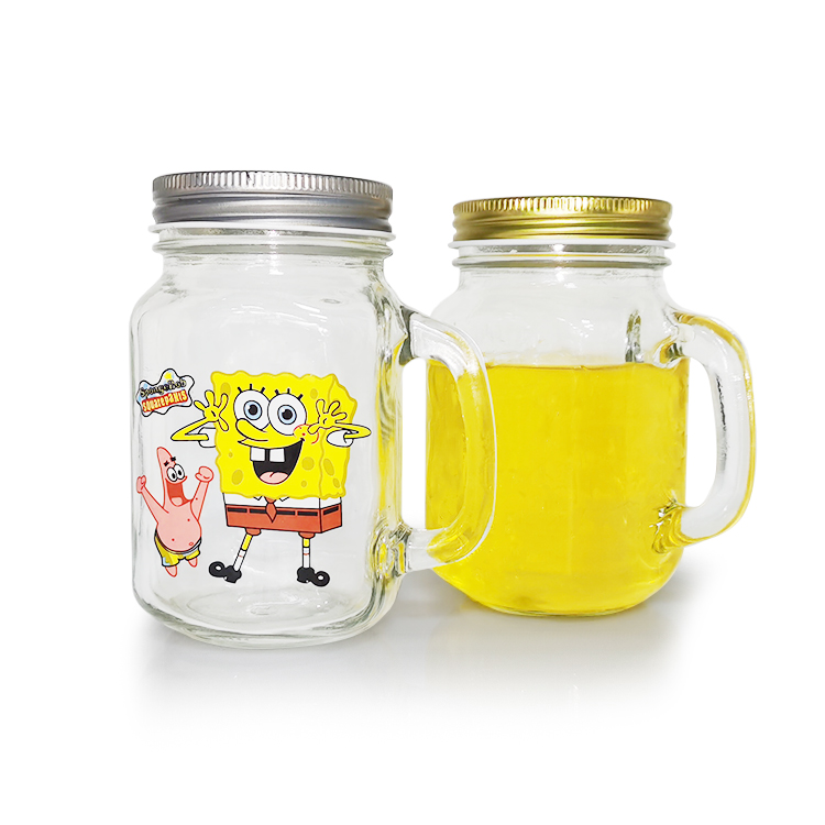 Fruit Juice Design Glass handle mason jar mugs with straw lid