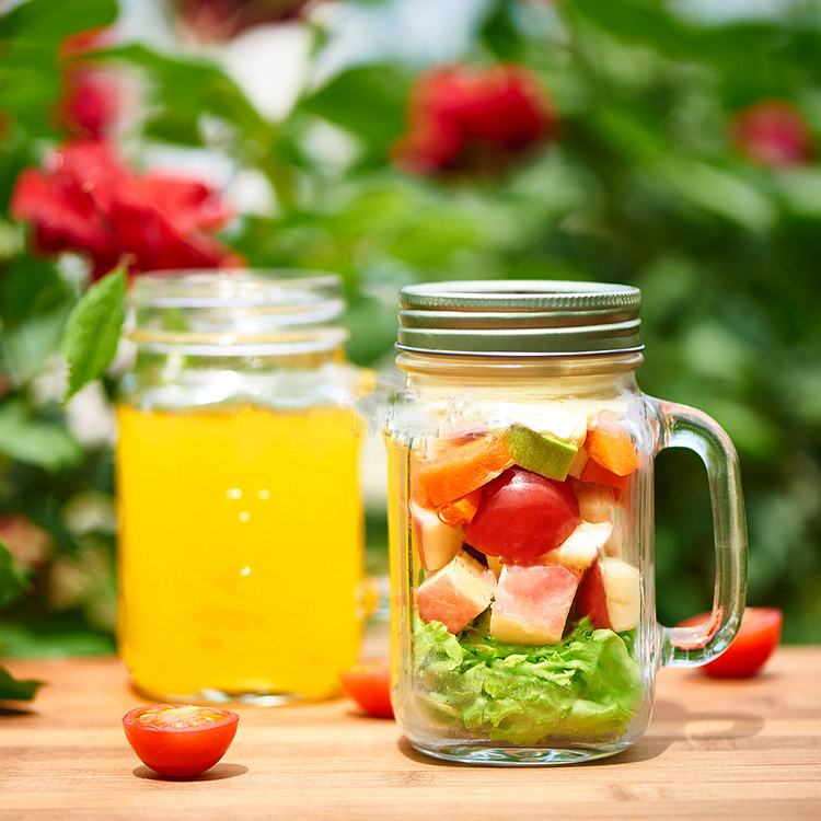 Fruit Juice Design Glass handle mason jar mugs with straw lid