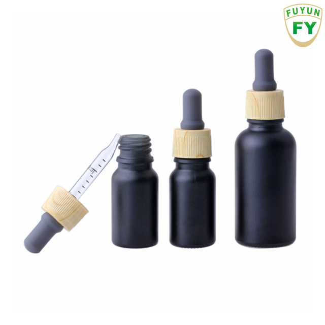 Fuyun 10ml/30ml bamboo cap essential oil bottle matte black red frosted glass bamboo dropper bottle