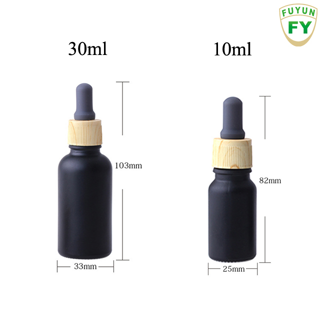 Fuyun 10ml 30ml matte black essential oil serum glass dropper bottle with bamboo cap tube