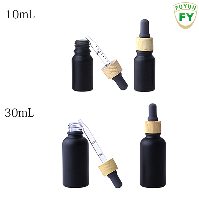 Fuyun 10ml 30ml matte black essential oil serum glass dropper bottle with bamboo cap tube