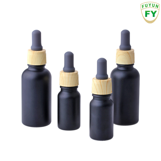 Fuyun 10ml 30ml matte black essential oil serum glass dropper bottle with bamboo cap tube