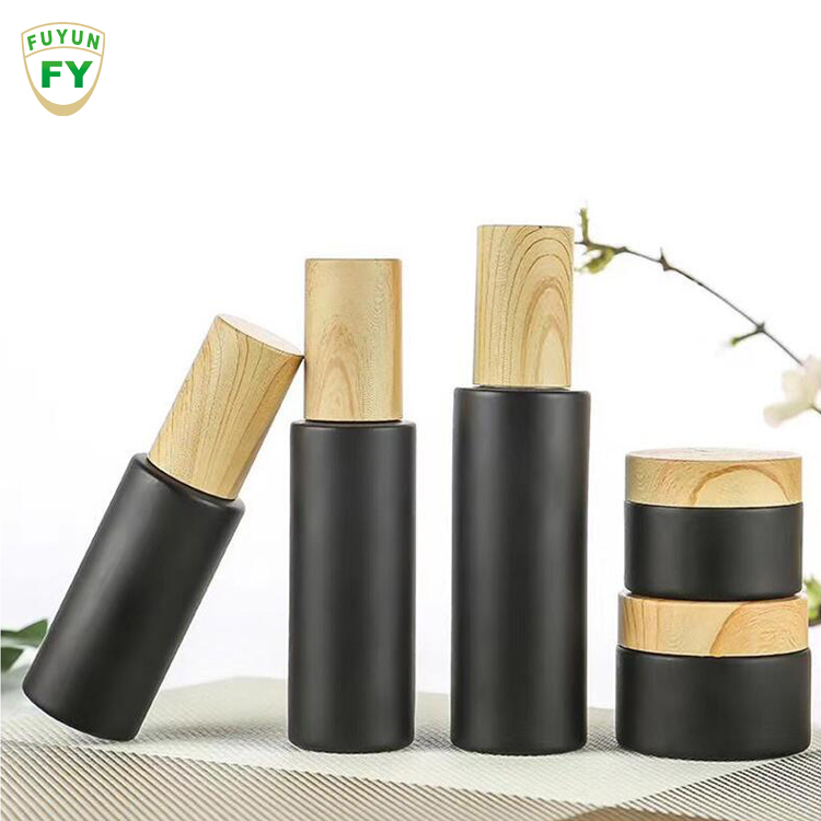 Fuyun 20ml 30ml 40ml 50ml 60ml 80ml Matte Black Glass Cosmetic Jar Bottle High-grade Wood Grain Cover Lotion Fancy Bottle