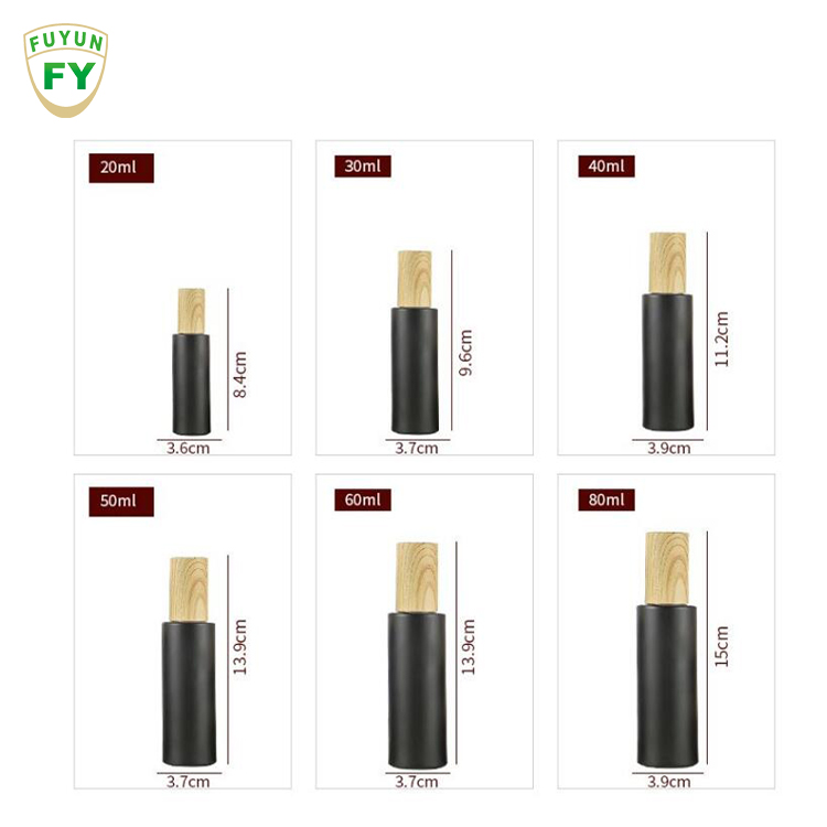 Fuyun 20ml 30ml 40ml 50ml 60ml 80ml Matte Black Glass Cosmetic Jar Bottle High-grade Wood Grain Cover Lotion Fancy Bottle