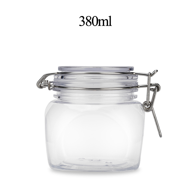 Fuyun 380ml Hot Selling Customized Empty Clear Square Transparent Food Packing Storage Metal Clip Top Plastic Airtight Jar