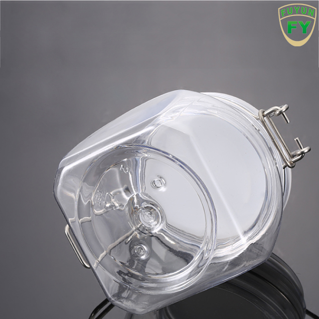 Fuyun 380ml Hot Selling Customized Empty Clear Square Transparent Food Packing Storage Metal Clip Top Plastic Airtight Jar
