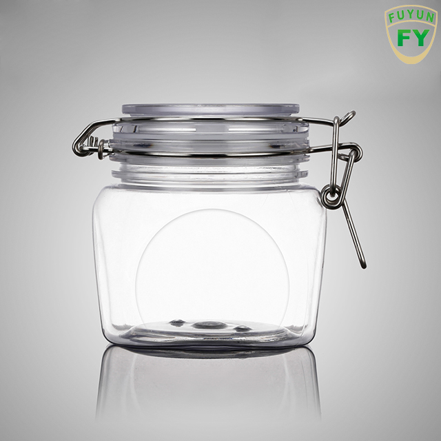 Fuyun 380ml Hot Selling Customized Empty Clear Square Transparent Food Packing Storage Metal Clip Top Plastic Airtight Jar